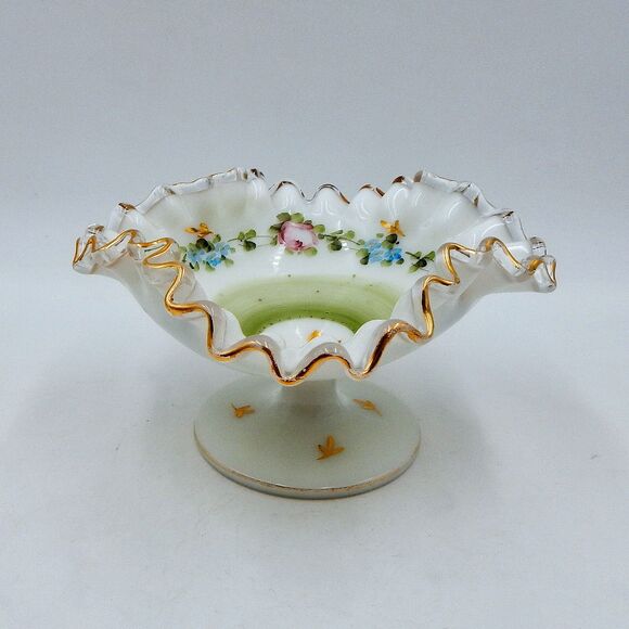 Fenton Charleton Rose Green Mist Silvercrest Compote Gold Trim Hand-painted - Picture 2 of 11